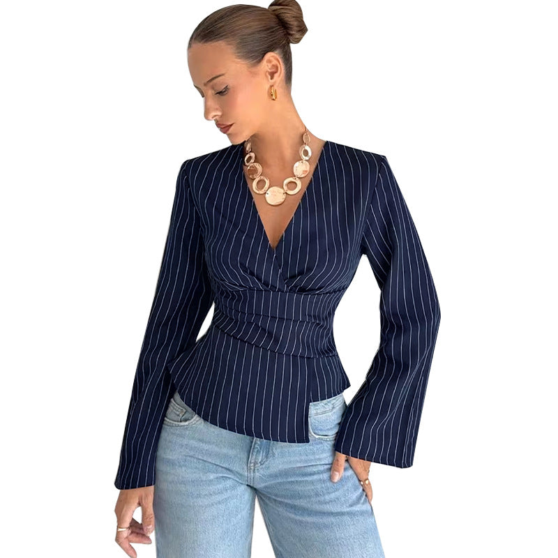 Envy-Store Chemise Rayée Col V Asymétrique Élégance Urbaine™