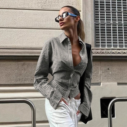 Envy-Store Chemise Plaid Retro Tie-Up Taille Cintrée™