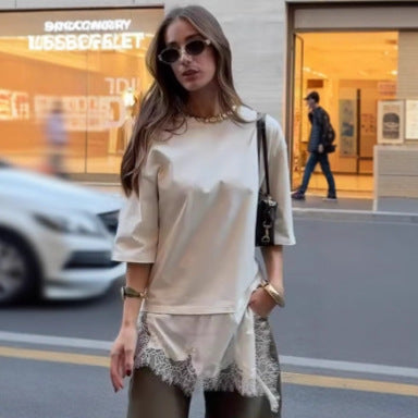 Envy-Store T-shirt Emma Femme Été Chic avec Ourlet en Dentelle Patchwork™