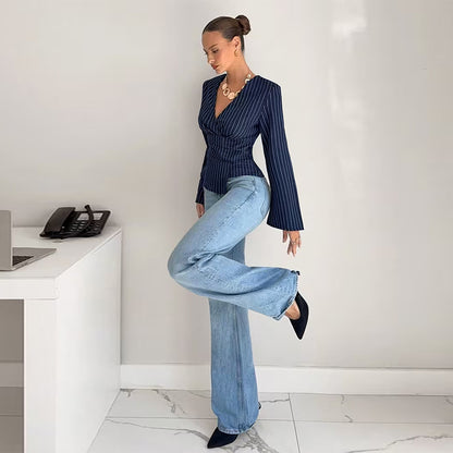 Envy-Store Chemise Rayée Col V Asymétrique Élégance Urbaine™