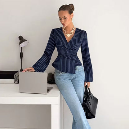 Envy-Store Chemise Rayée Col V Asymétrique Élégance Urbaine™