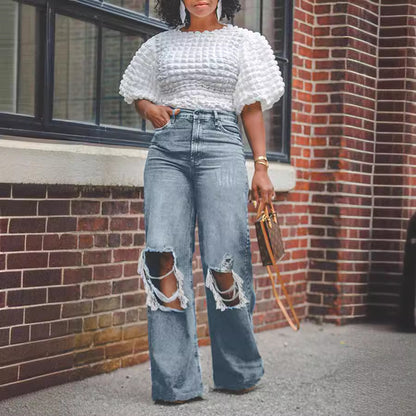 Jean droit denim bleu usé déchiré taille mi-haute coupe jambe droite non extensible