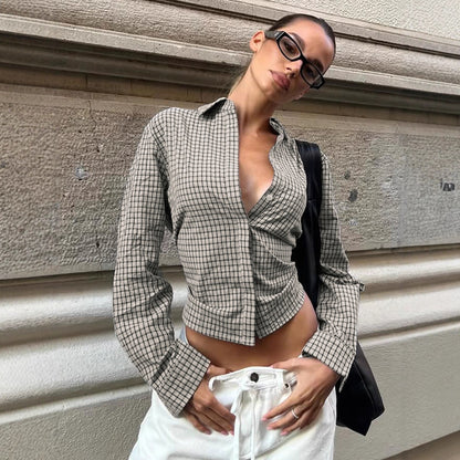 Envy-Store Chemise Plaid Retro Tie-Up Taille Cintrée™