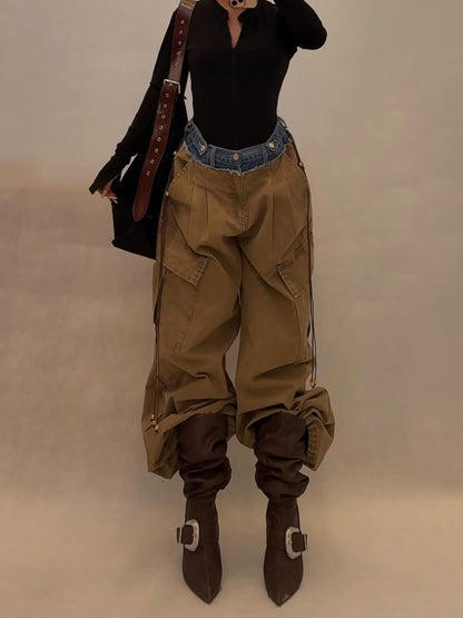 Pantalon cargo denim kaki Envy Store panneaux patchwork jambe large cordon de taille tissu polyester non élastique