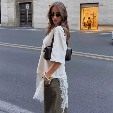 Envy-Store T-shirt Emma Femme Été Chic avec Ourlet en Dentelle Patchwork™