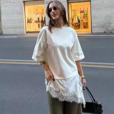 Envy-Store T-shirt Emma Femme Été Chic avec Ourlet en Dentelle Patchwork™