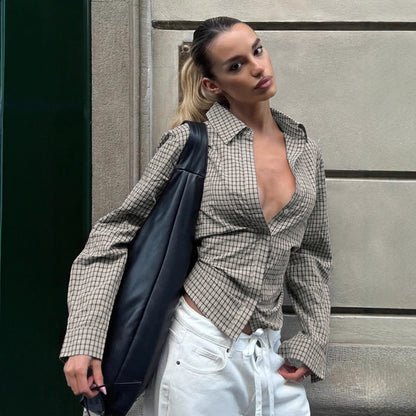 Envy-Store Chemise Plaid Retro Tie-Up Taille Cintrée™