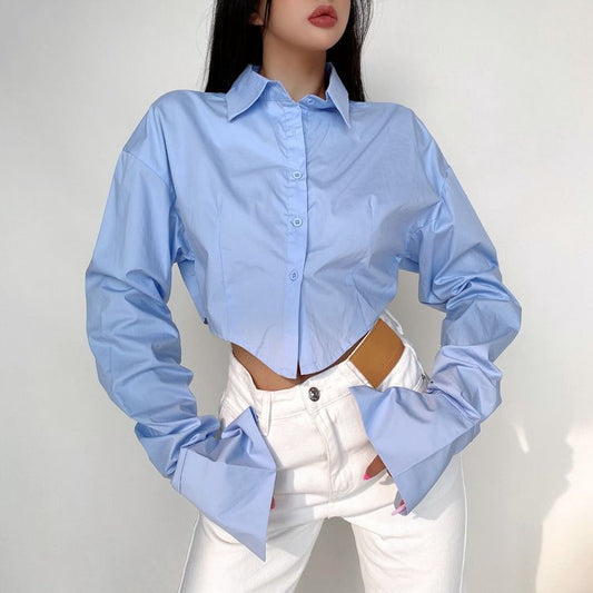 Blouse courte cintrée Envy-Store manches longues col revers polyester blanc bleu