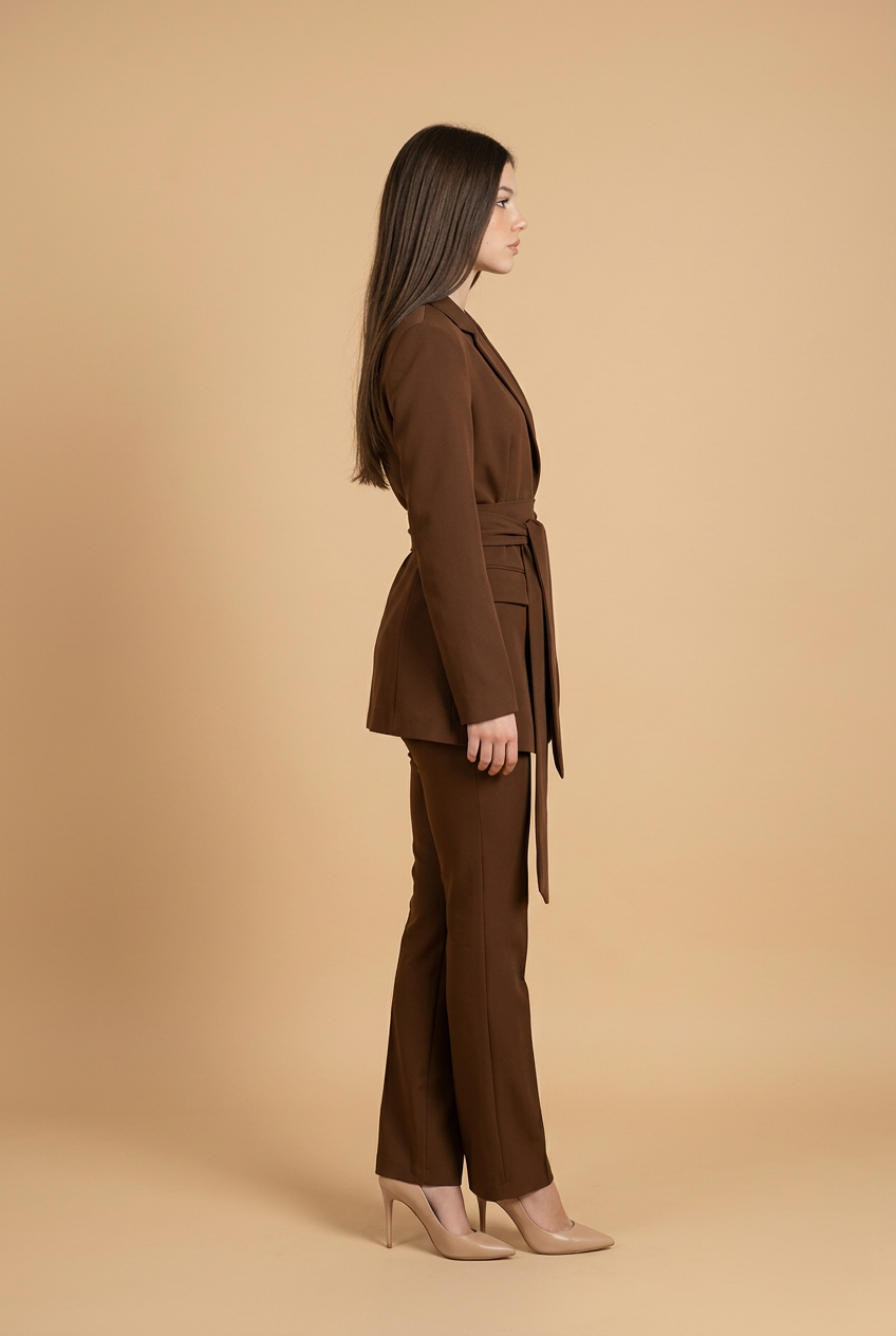 Ensemble costume femme minimaliste avec blazer ceinturé et pantalon long
vista laterale