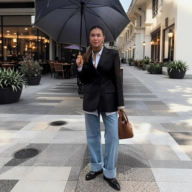 Blazer cintré noir polyester Envy Store manches longues poches coupe ajustée longueur standard