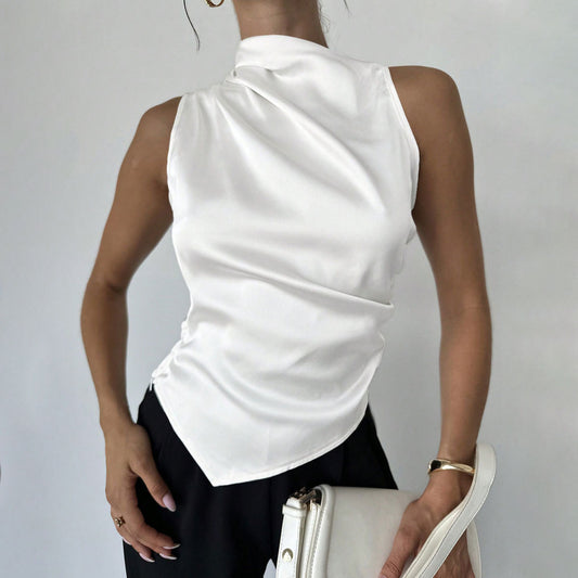 Chemise satin sans manches Envy-Store polyester coupe minimaliste tailles XS à L Noir Blanc Abricot Gris-Bleu Rose Lotus