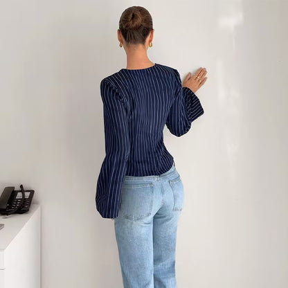 Envy-Store Chemise Rayée Col V Asymétrique Élégance Urbaine™