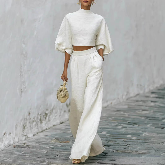 Ensemble top court blanc manches lanternes et pantalon taille haute en polyester Térylène