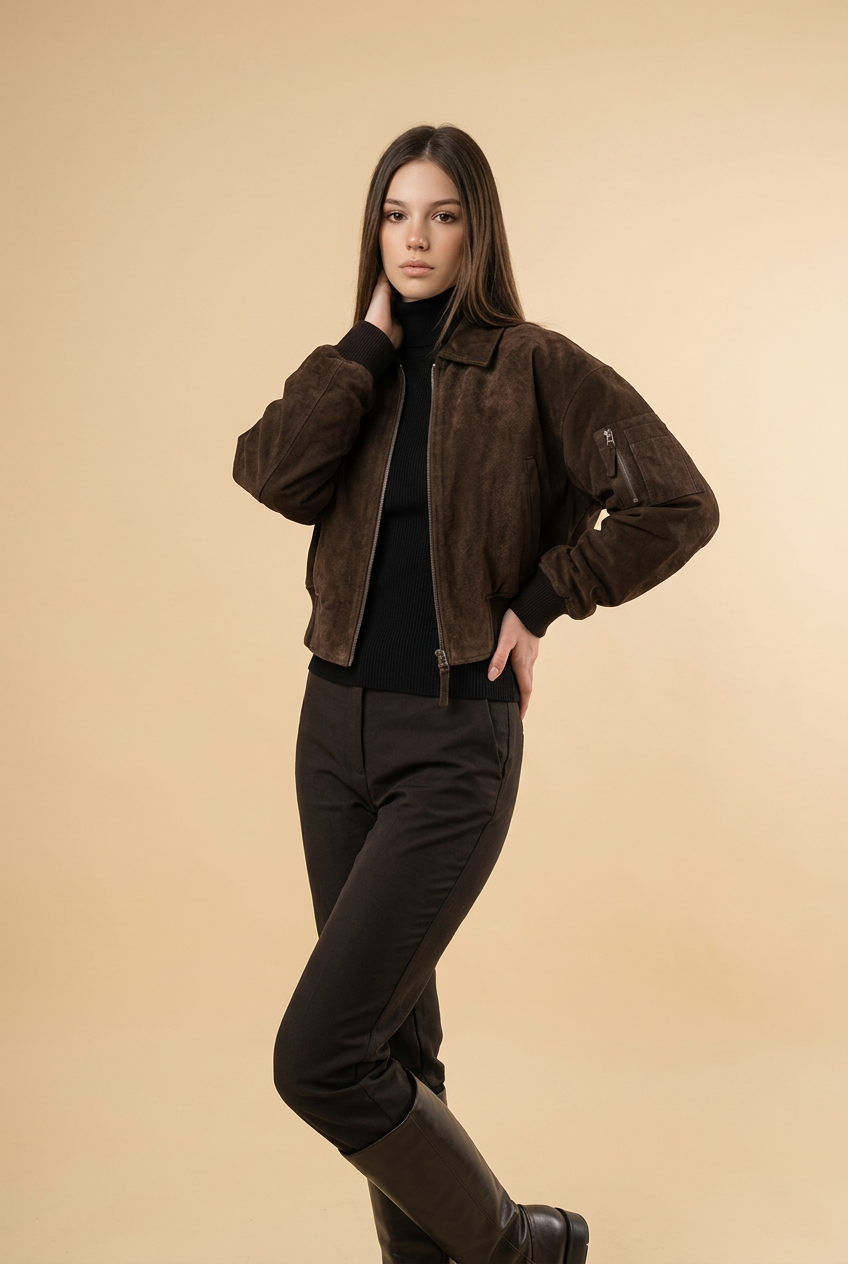 Veste femme marron style bomber avec pull noir col roulé et pantalon élégant look mode parisienne.