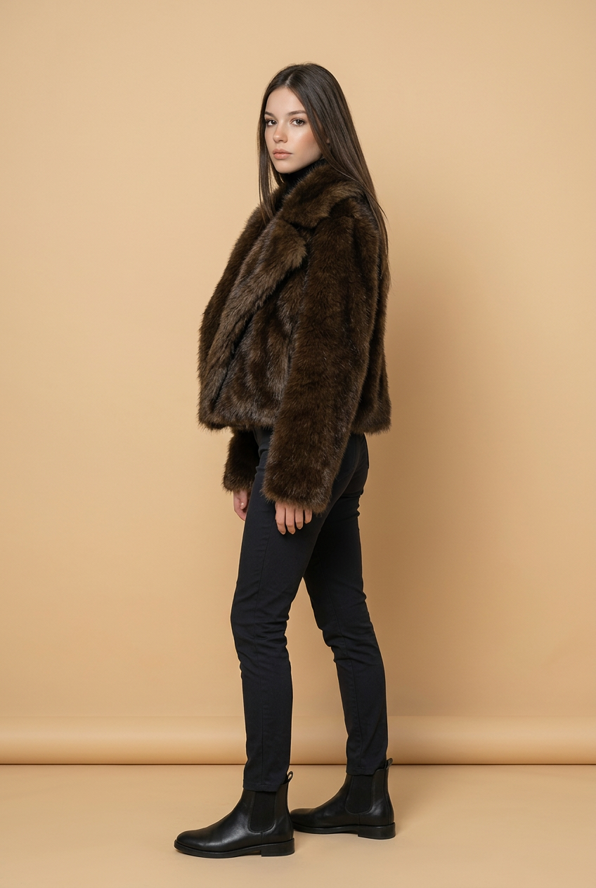 Look élégant hiver avec veste en fourrure marron femme et tenue noire minimaliste