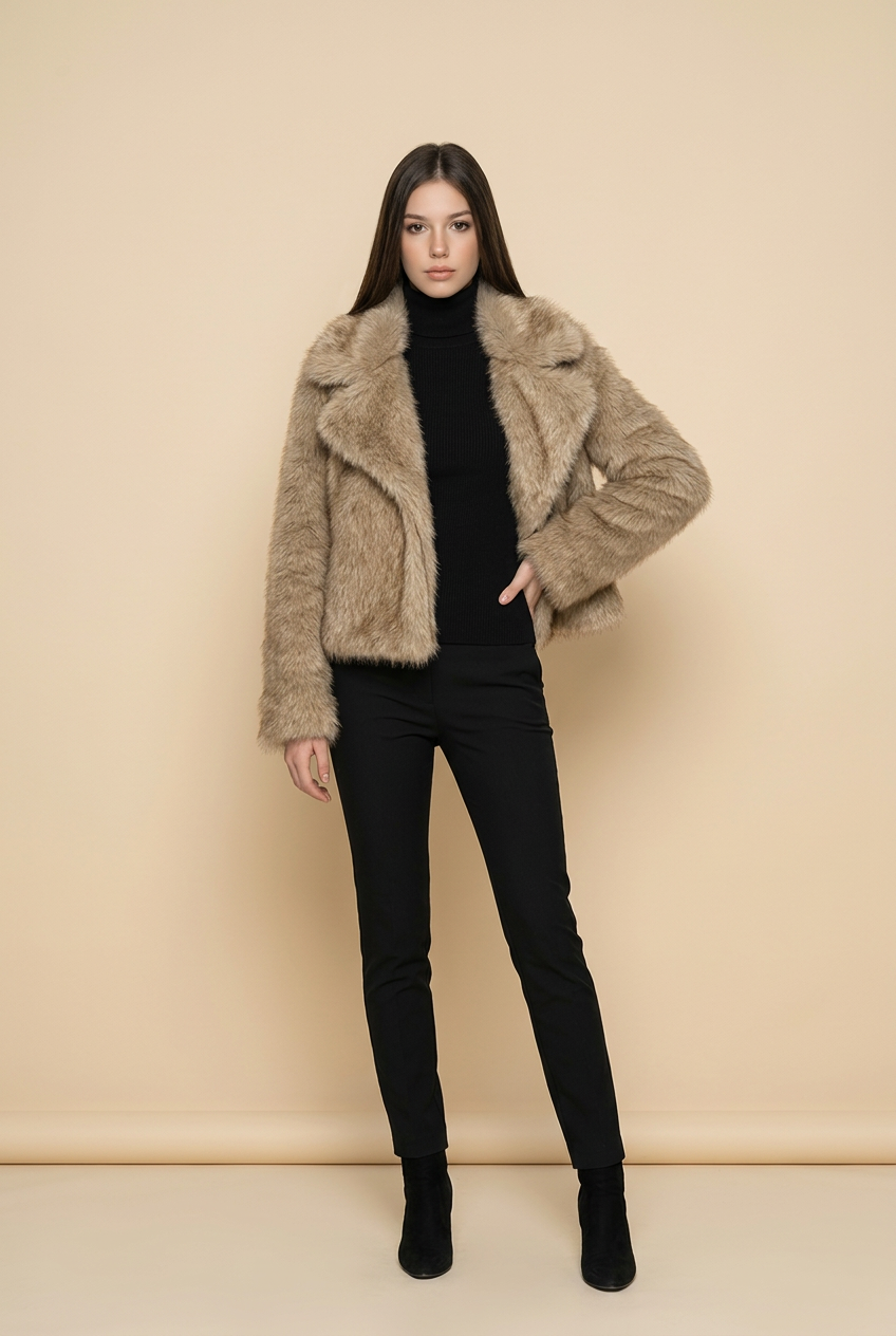 Veste en fourrure marron pour femme style chic parisien avec tenue noire élégante et bottines.
