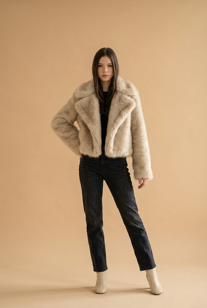 Veste femme en fourrure marron style luxe minimaliste inspiré de la mode française.