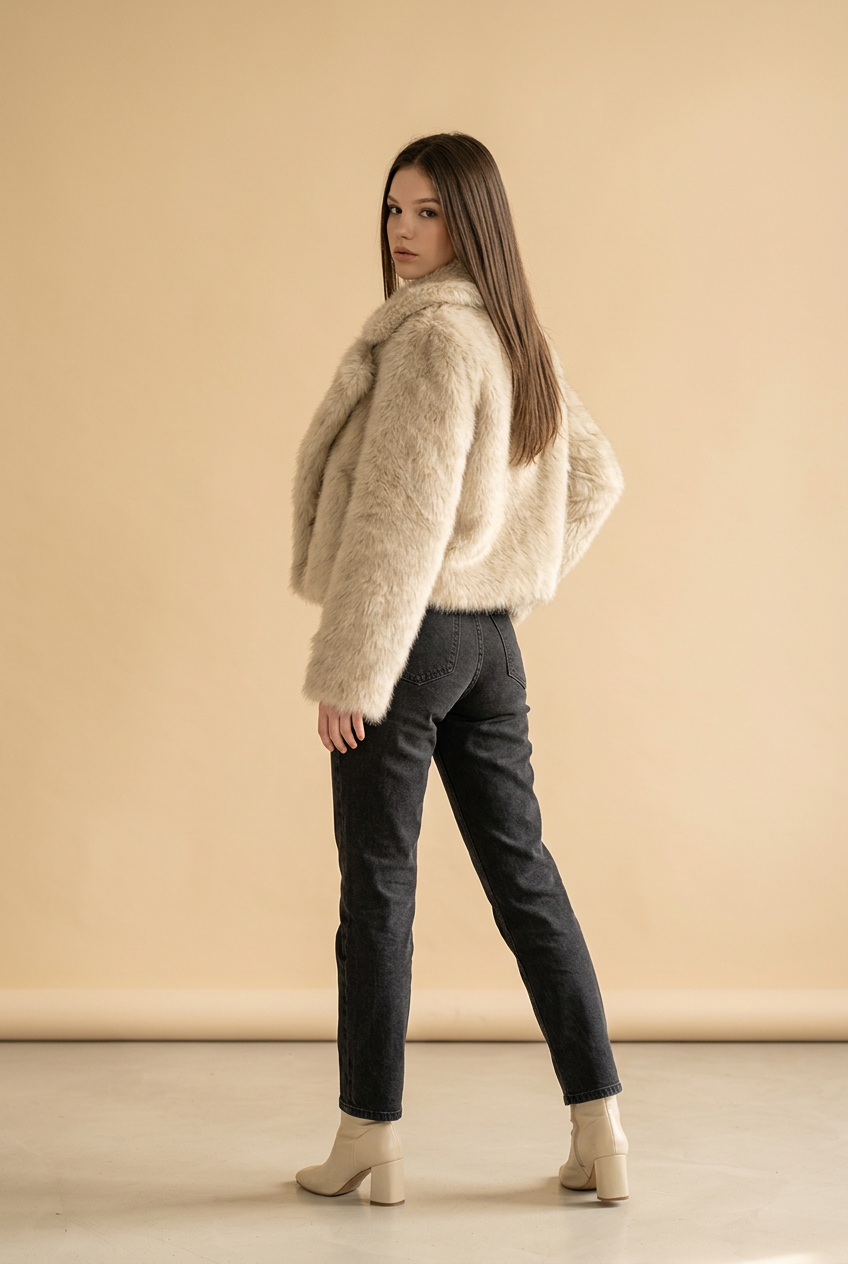 Veste en fourrure femme tendance hiver avec col large et look chic élégant.